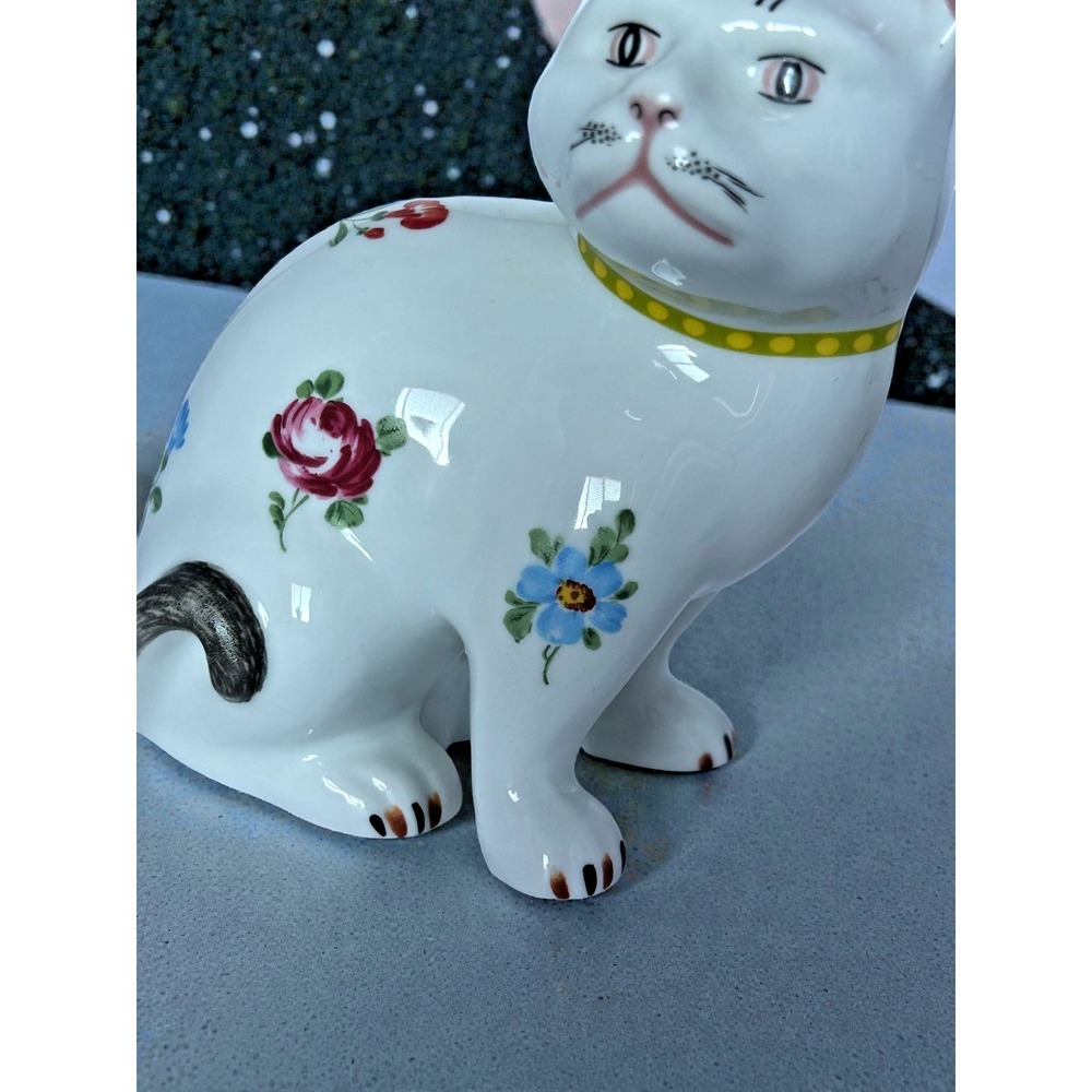 Vintage White Floral Cat Figure Porcelain Bow Chubby Hand painted Home Deco - Picture 11 of 14